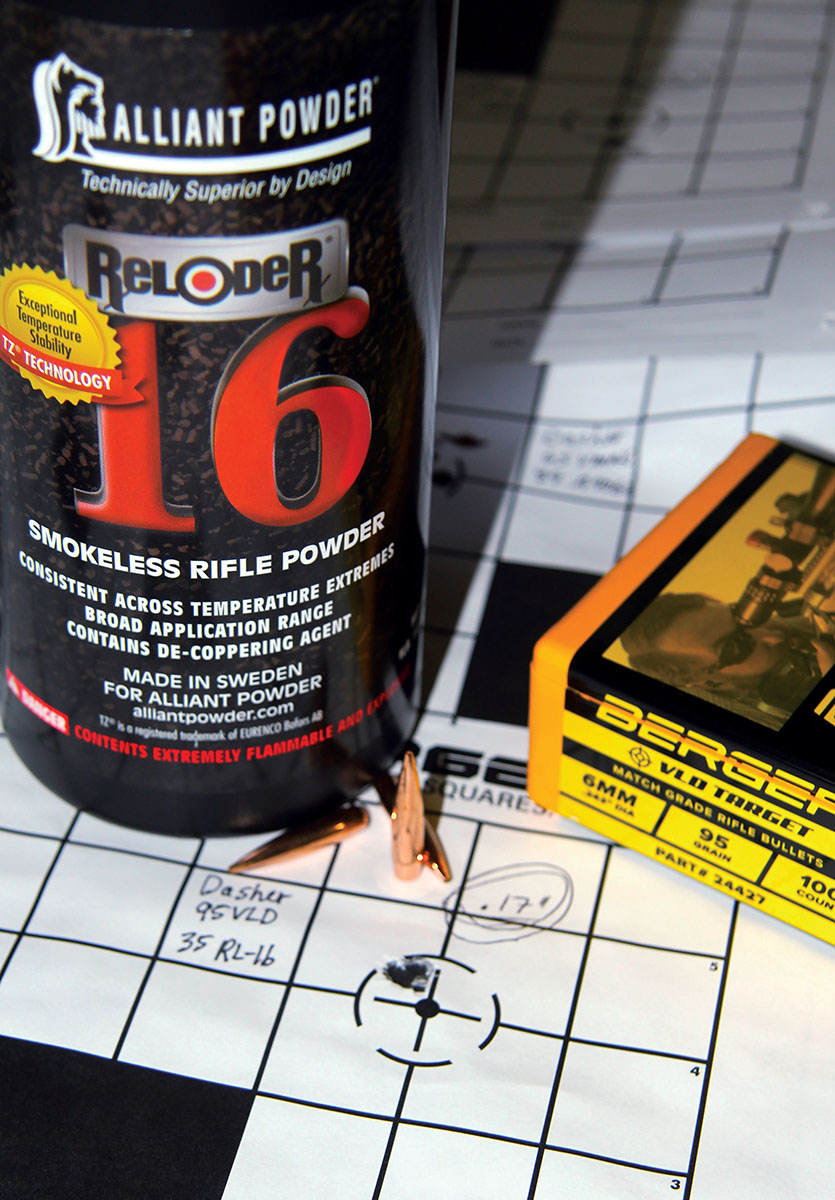 Berger’s 95-grain VLD Target seated over 35 grains of Alliant Reloder 16 produced this .17-inch group at 3,001 fps.